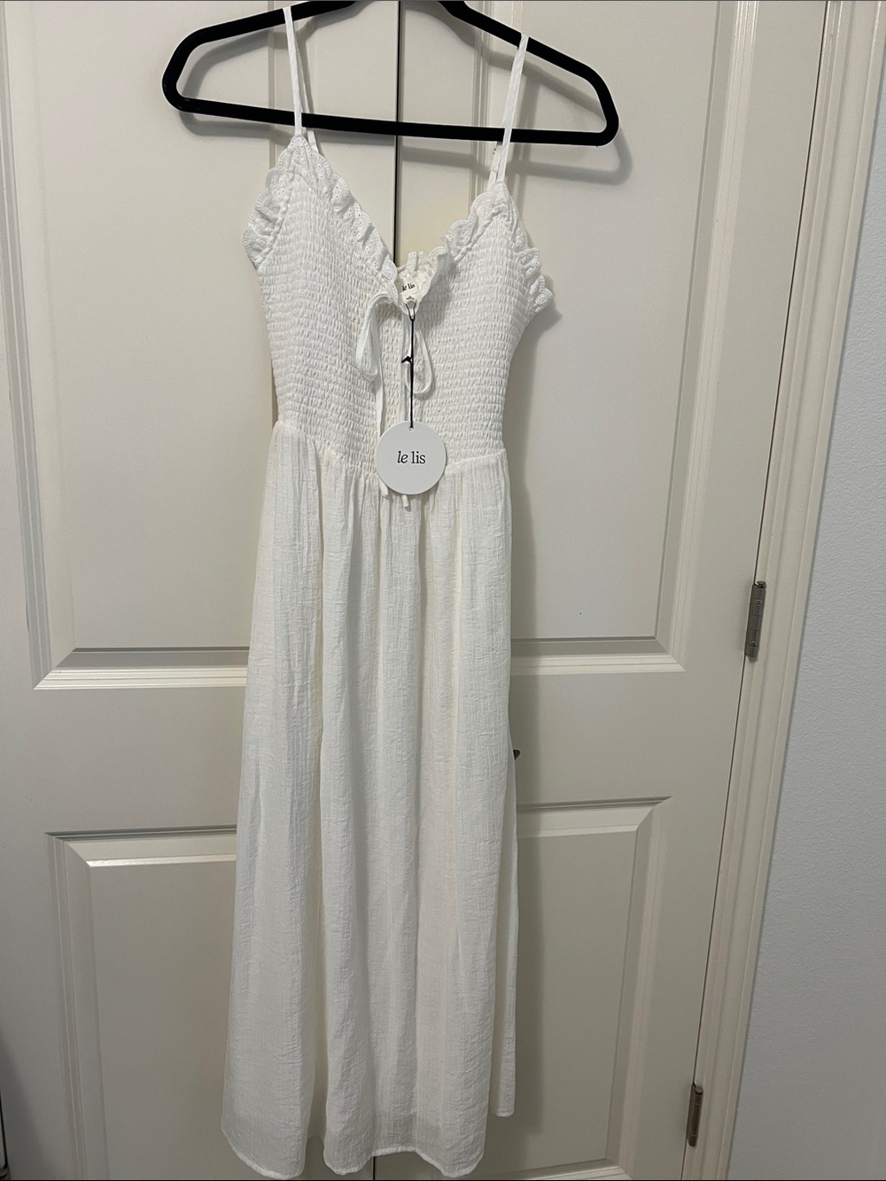 Le Lis White Smocked Midi Dress with Tie Front